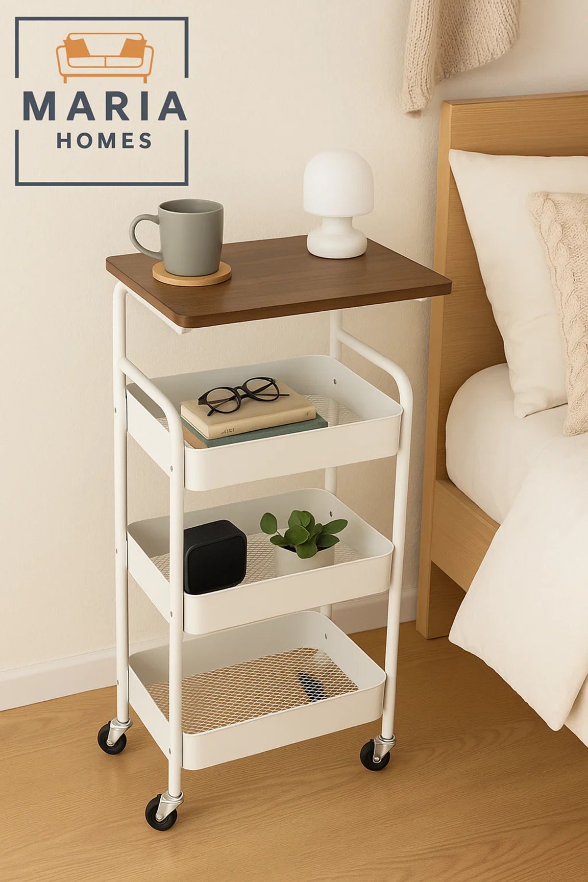 3-Tier Bedside Storage Cart with Wooden Top Ð Rolling Organizer for Bedroom or Living Room