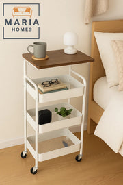 3-Tier Bedside Storage Cart with Wooden Top Ð Rolling Organizer for Bedroom or Living Room