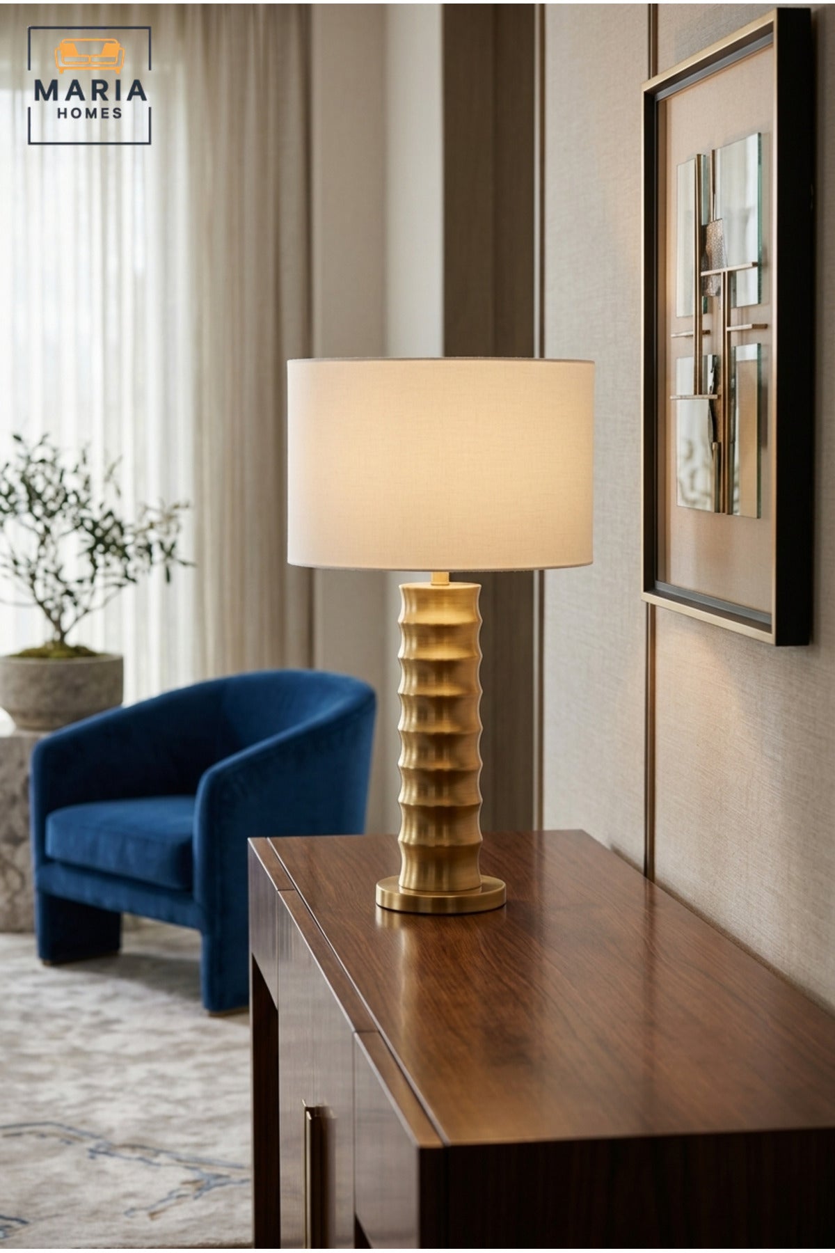 Luxury Table Lamp with Sculpted Ribbed Column Base and Fabric Drum Shade, Elegant Bedside Nightstand Lighting for Bedroom, Living Room, Office and Hotel