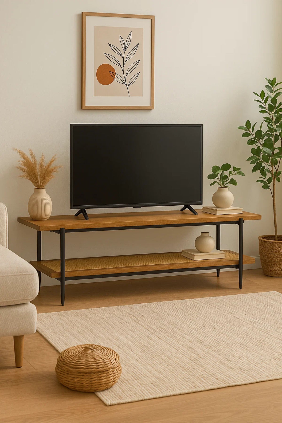 Modern Brown TV Stand with Rattan Shelf Ð 160x40x50 cm Two-Tier Wooden Media Console