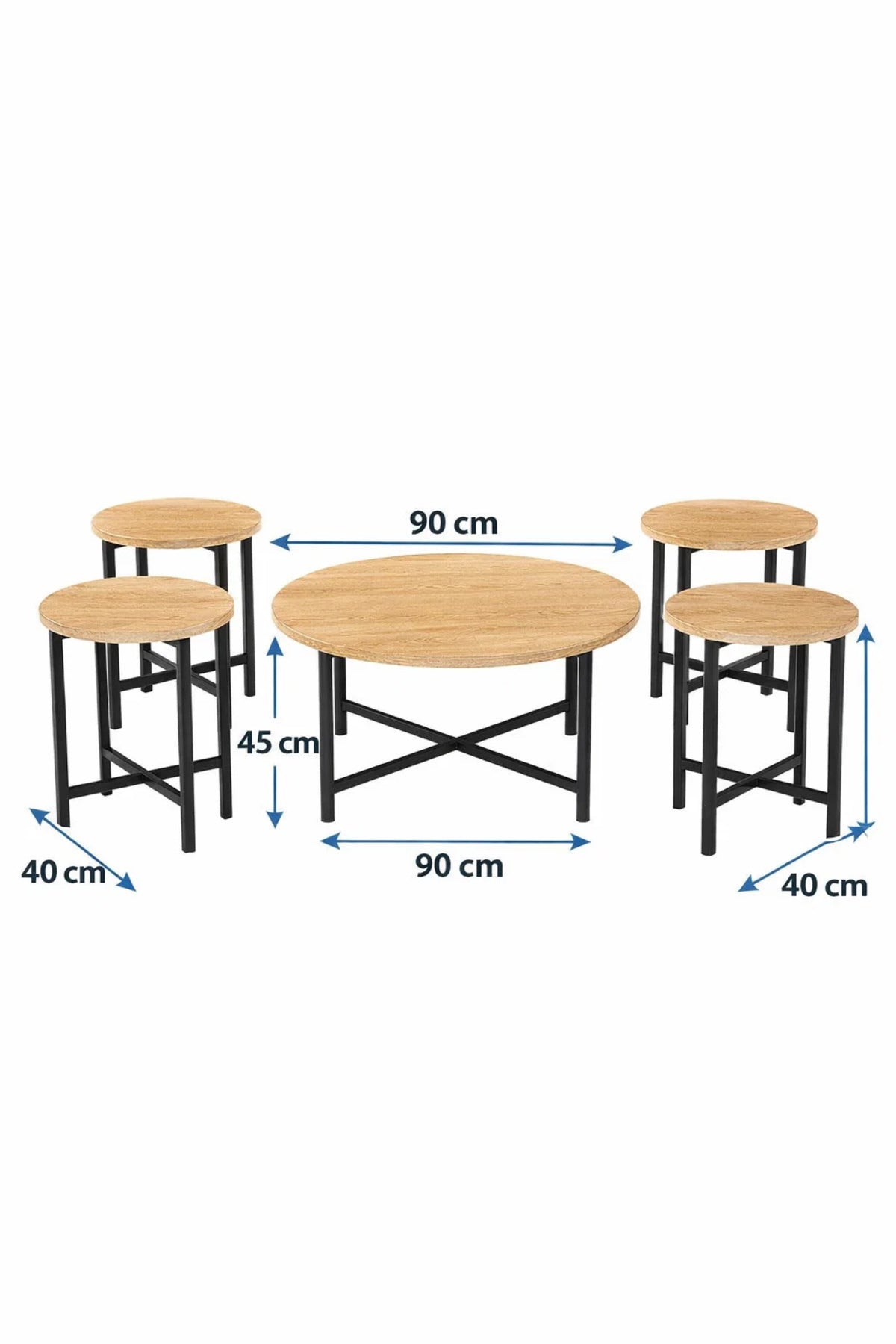 Industrial Round Coffee Table Set 1+4 Wooden Top Metal Legs Nesting Furniture for Modern Home