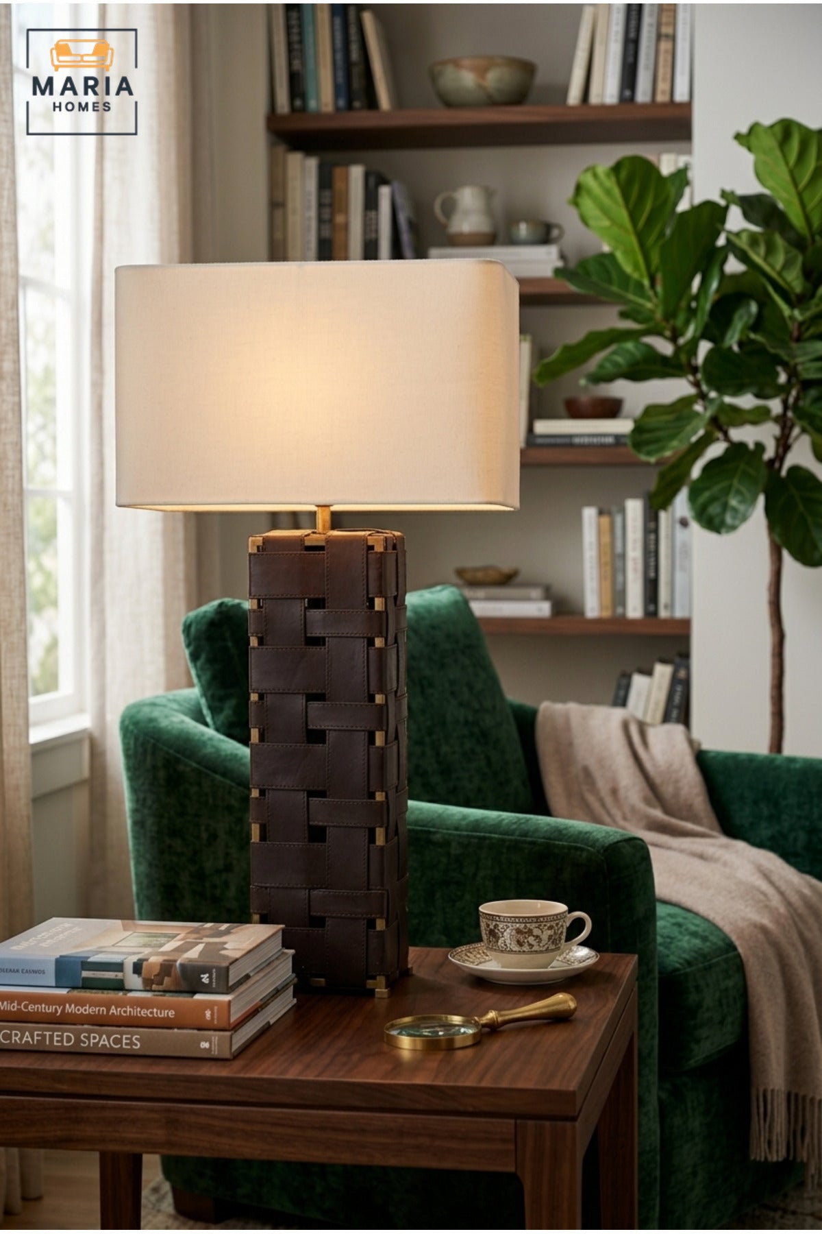 Luxury Woven Leather Table Lamp with White Rectangular Fabric Shade and Dark Brown Textured Base for Bedroom, Living Room, Office, Hotel and Bedside Décor