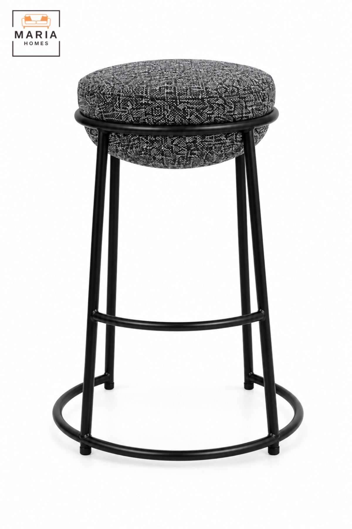 Modern Round Bar Stool with Padded Fabric Seat & Circular Footrest | Grey Upholstered High Counter Chair with Slim Black Frame for Kitchen and Café 70x33cm