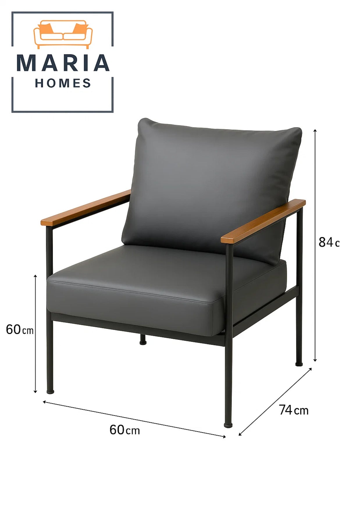 Dark Grey Faux Leather Armchair Ð Modern Accent Chair with Wood Armrests and Black Steel Frame
