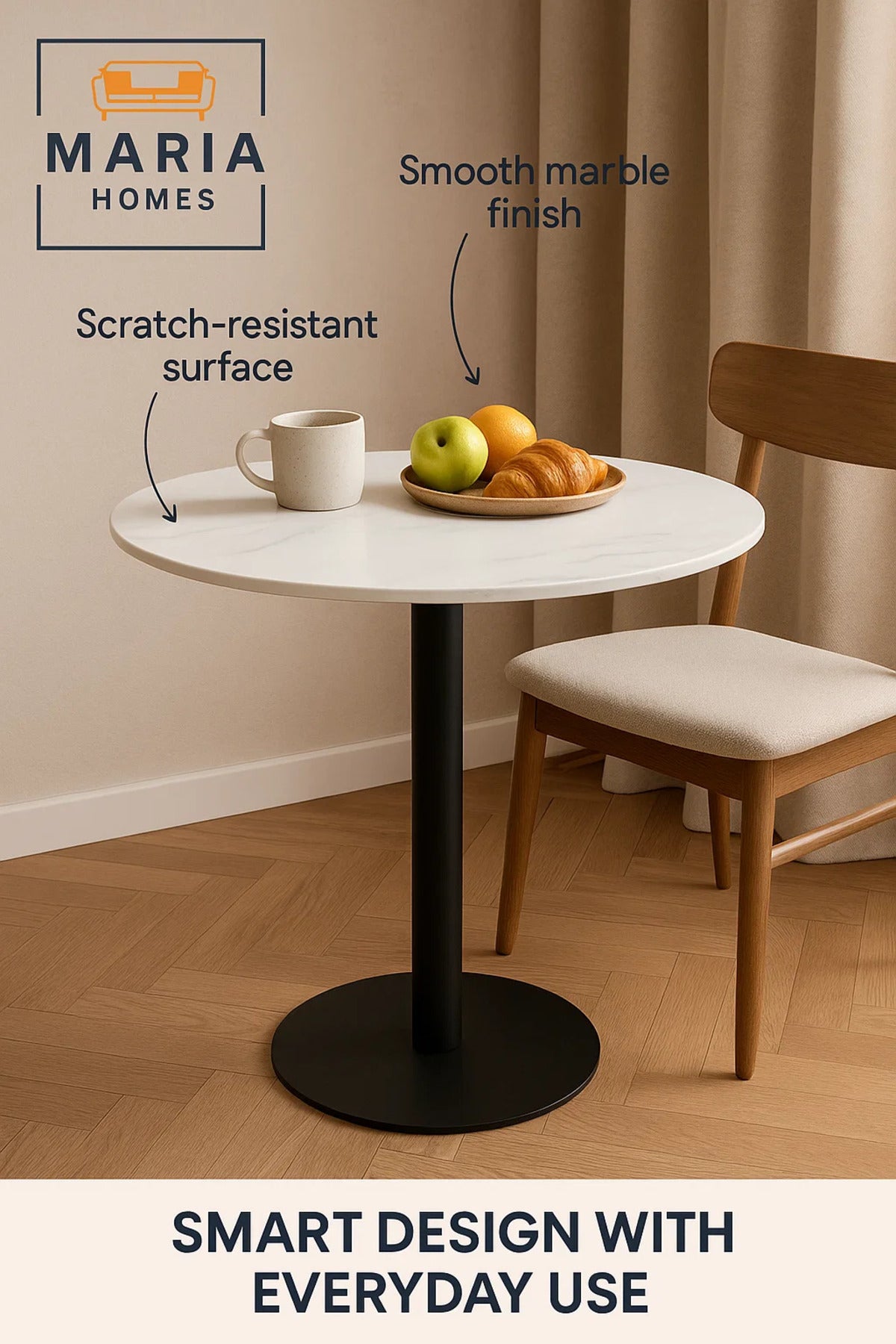 Round White Marble Table with Black Metal Pedestal Base