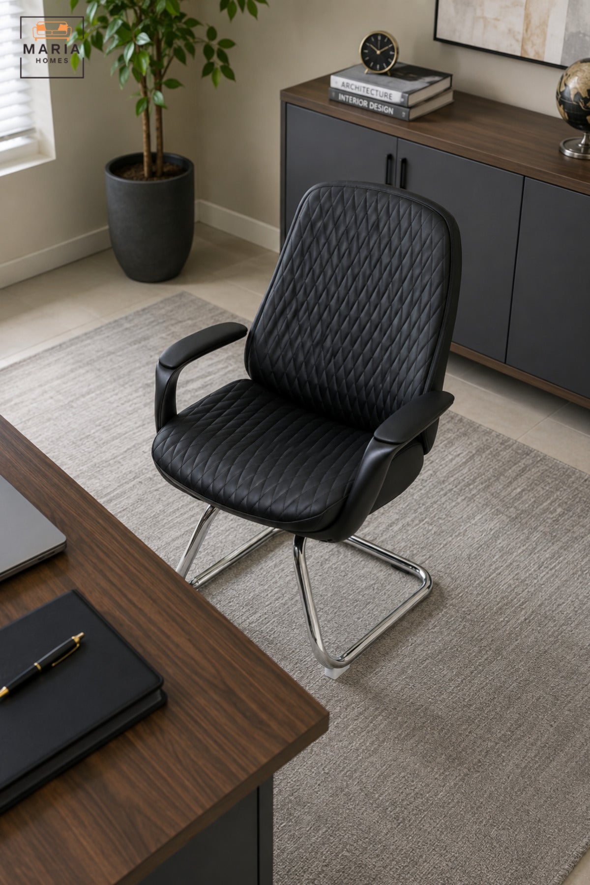 Modern Black Executive Visitor Office Chair with Diamond Quilted Backrest, Padded Seat, Armrests & Chrome Cantilever Base for Reception Meeting Room