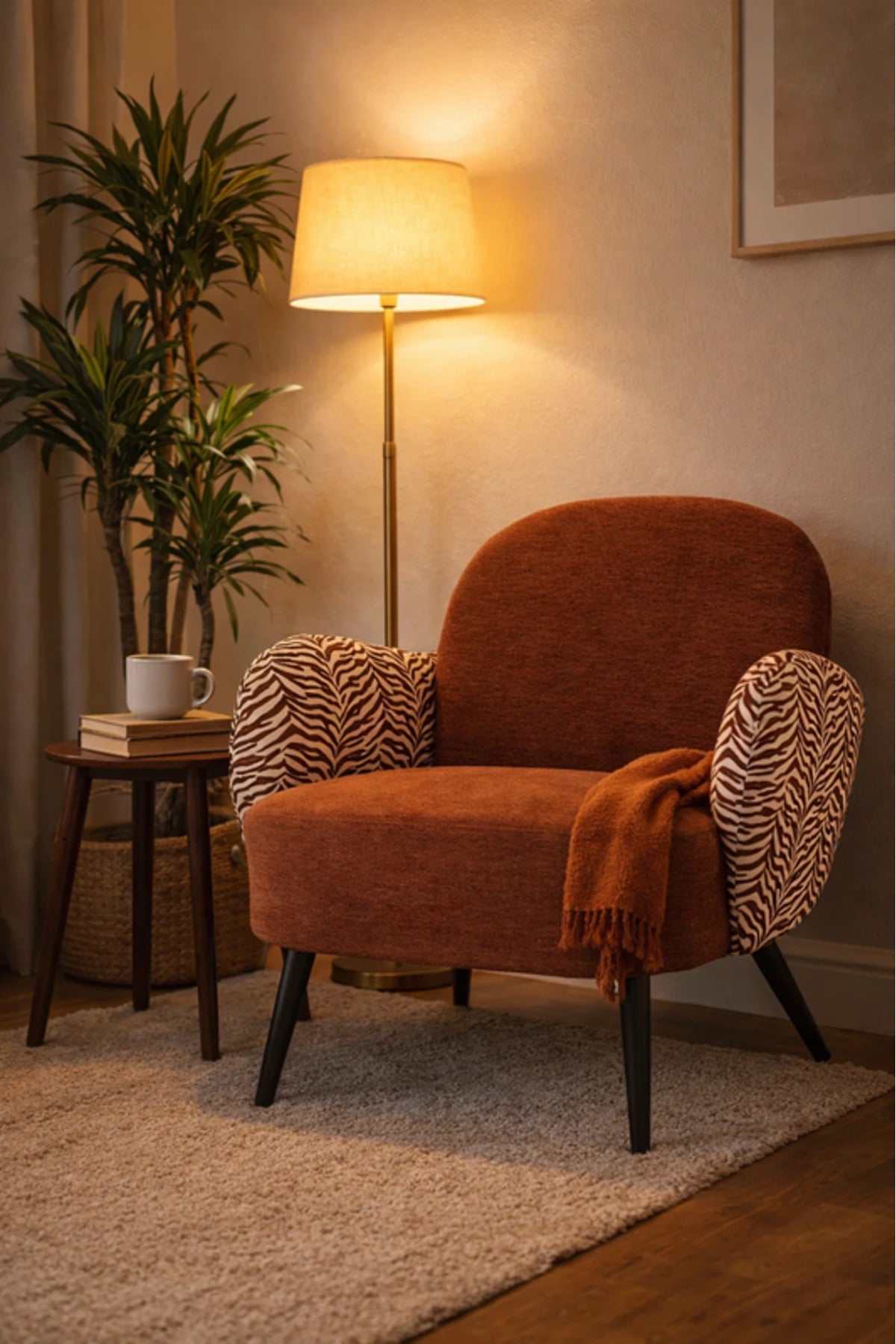 Modern Brown Upholstered Accent Armchair with Patterned Armrests Living Room Chair