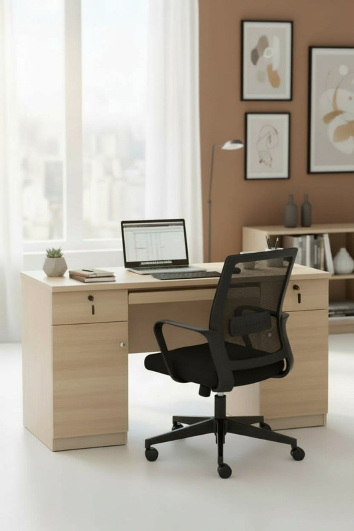 Modern Light Wood Office Desk with Storage Drawers