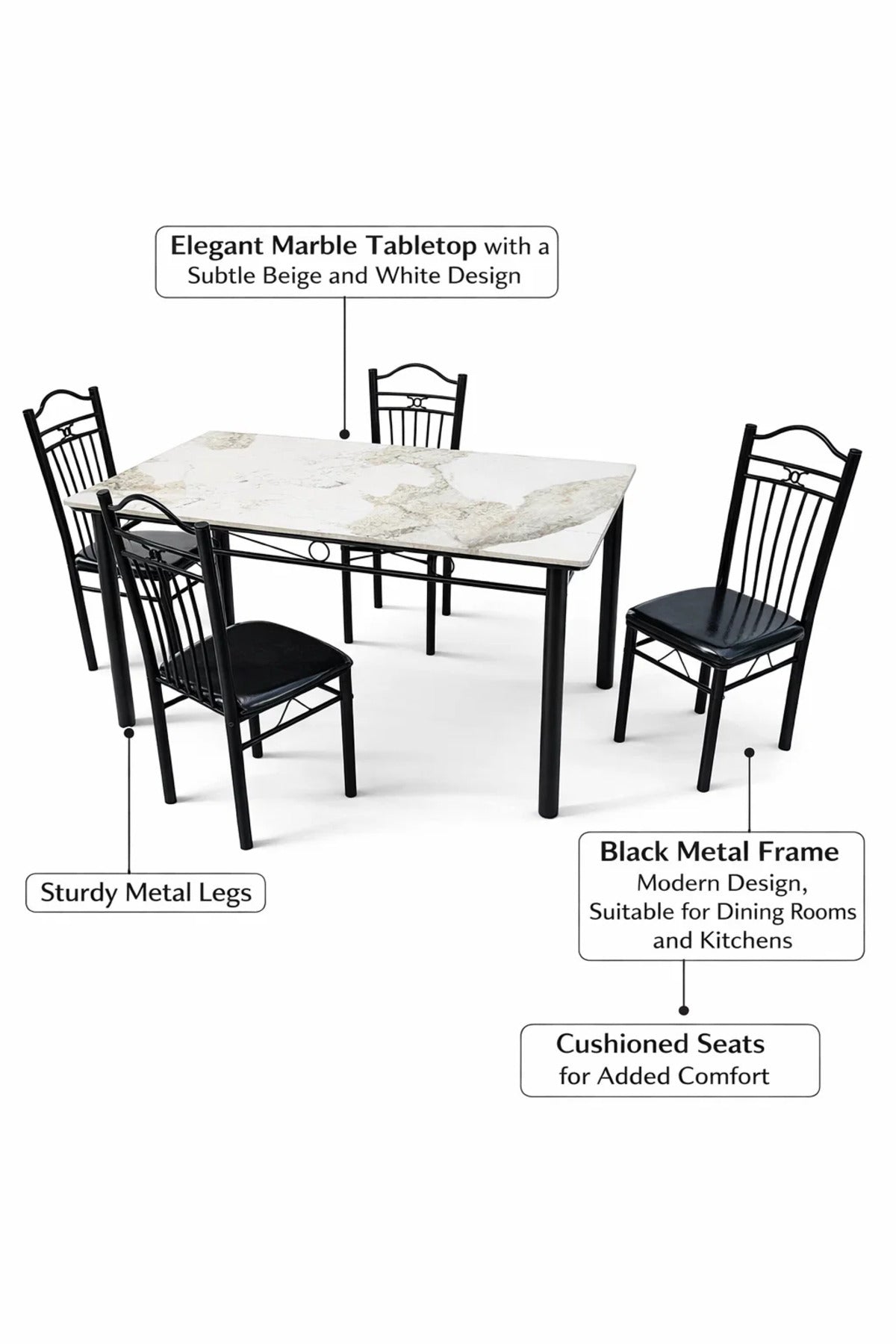 Modern 5-Piece Dining Table Set Marble Pattern Top Metal Legs 4 Chairs for Kitchen Room 120x70cm