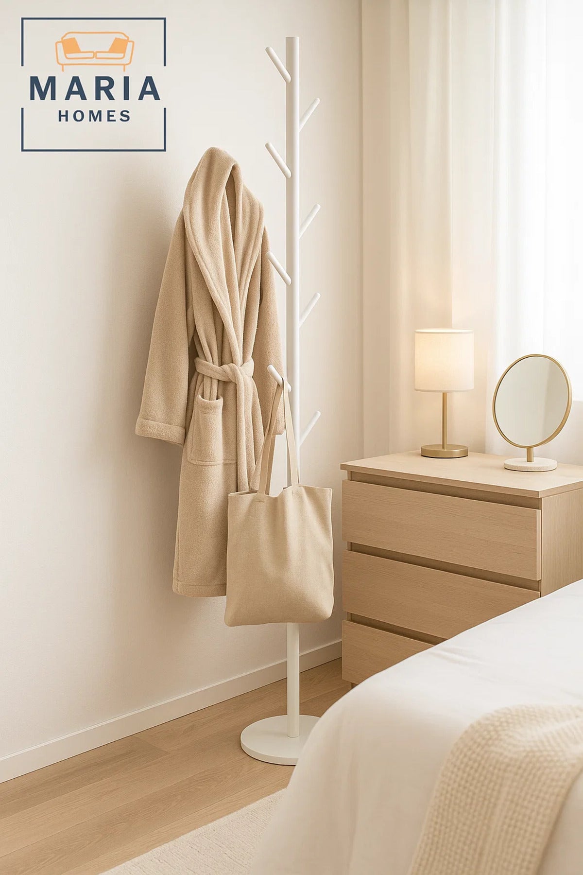 Minimalist White Metal Coat Rack Stand with Hooks and Concrete Base