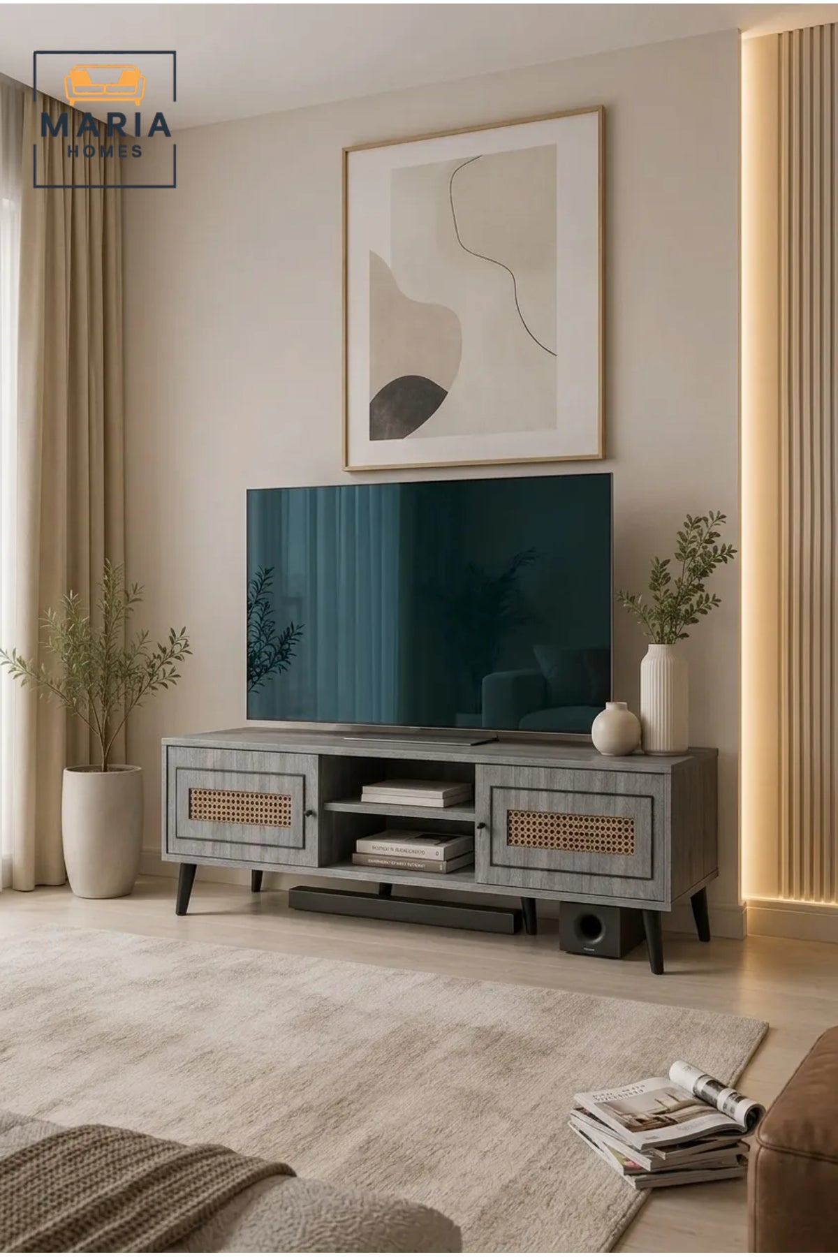 Modern Grey Rattan TV Unit 160 _ 40 _ 45 cm √ê Wooden Entertainment Center with Storage Cabinets and Open Shelves