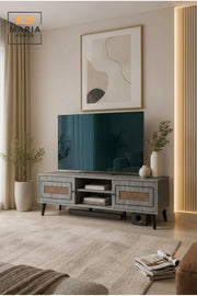 Modern Grey Rattan TV Unit 160 _ 40 _ 45 cm √ê Wooden Entertainment Center with Storage Cabinets and Open Shelves