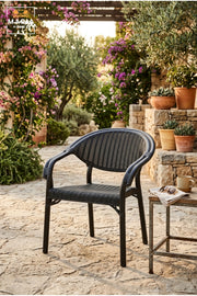 Modern Black Rattan Outdoor Armchair – Woven Patio Dining Chair with Armrests for Garden, Balcony & Café