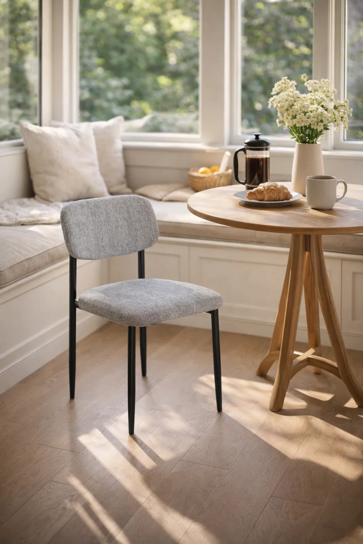 Grey Upholstered Dining Chair with Black Legs Modern Fabric Chair for Dining Room