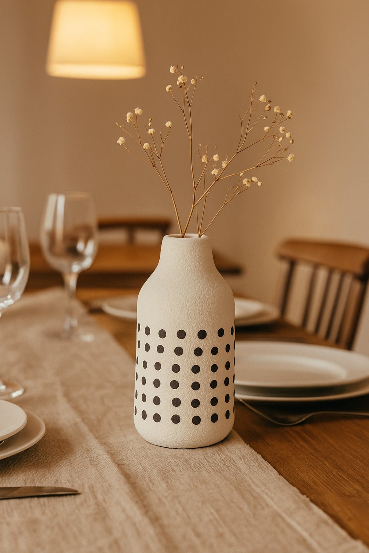 Natural White Ceramic Vase with Black Dots Ð Tall Cylinder Decorative Vase