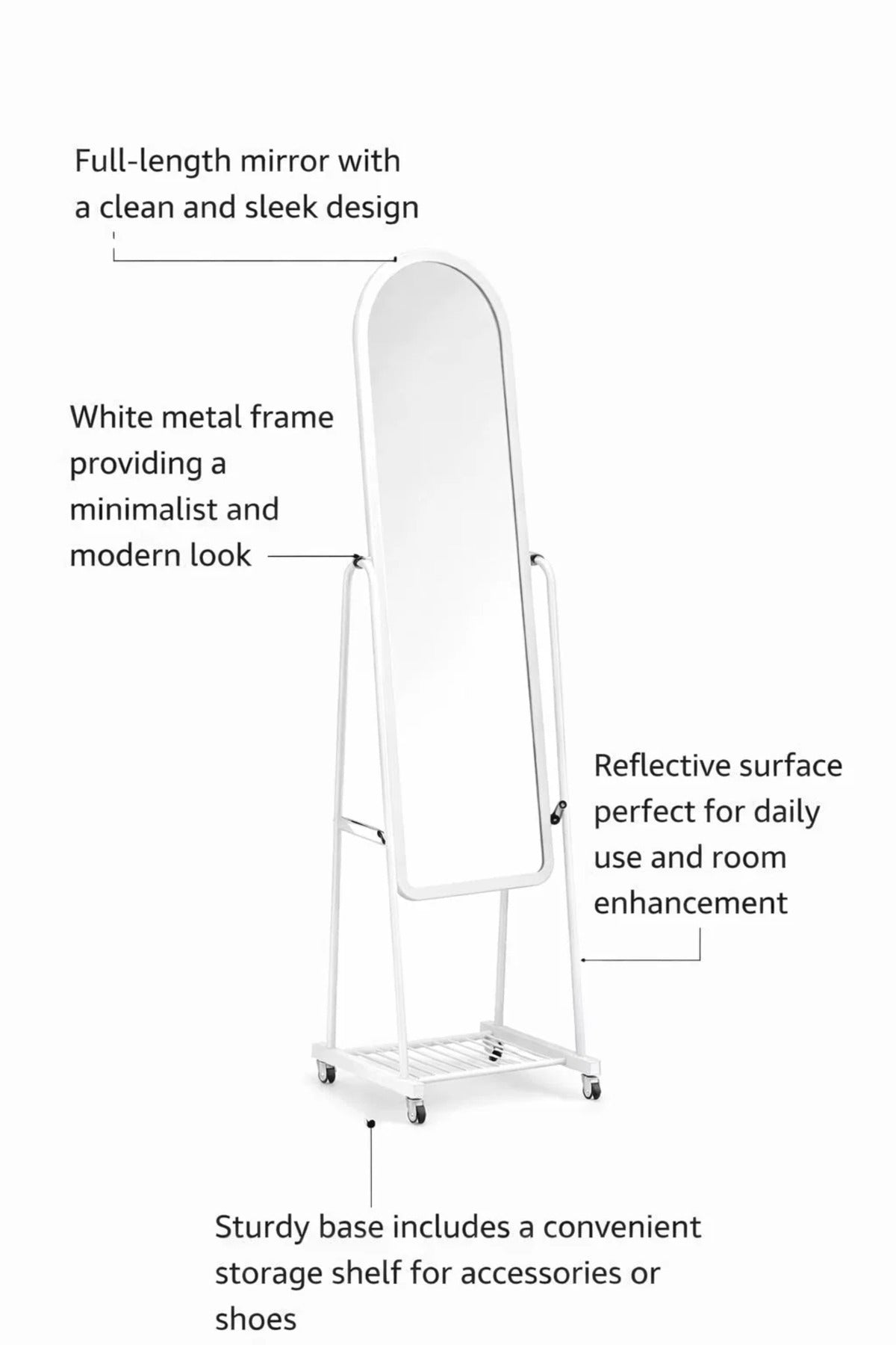 Modern White Standing Floor Mirror on Wheels Adjustable Angle with Storage Rack for Bedroom Home