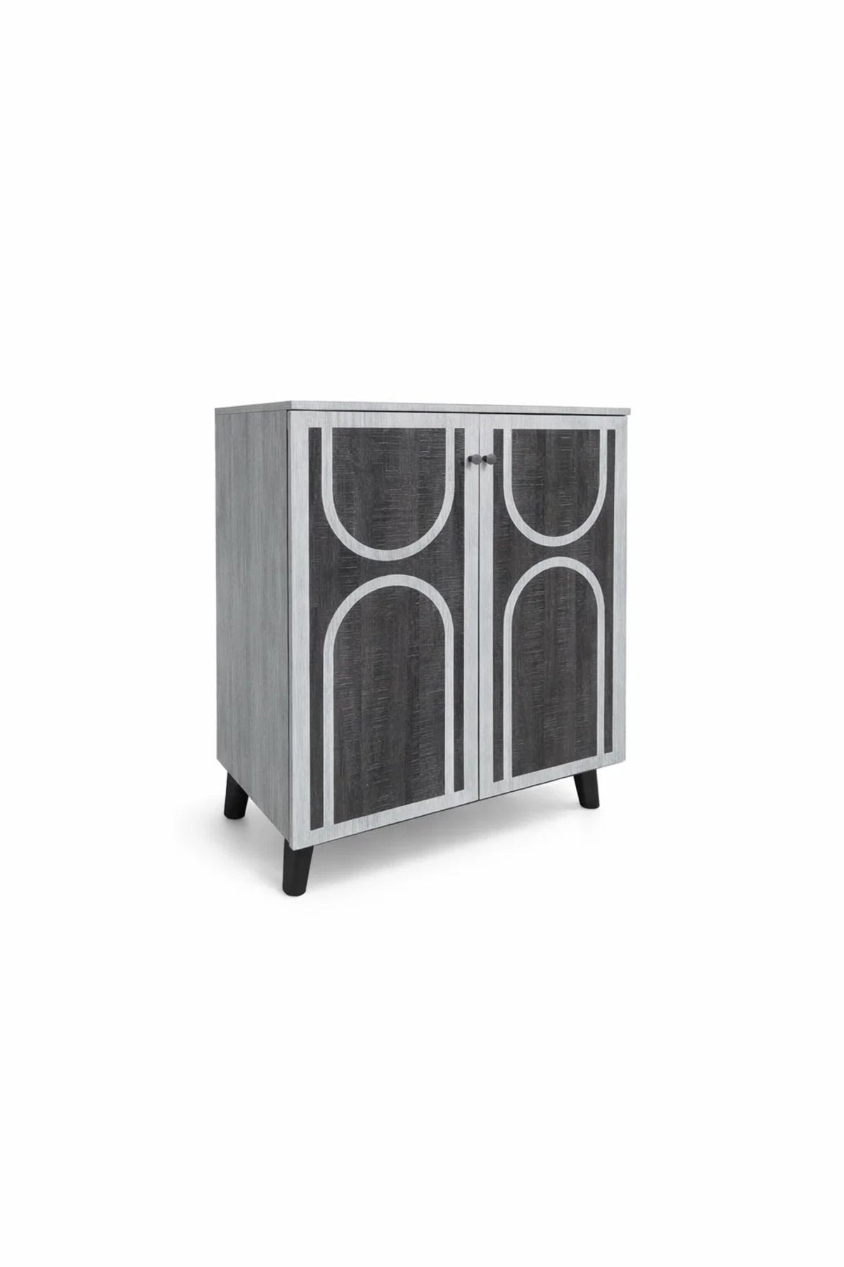 Stylish Grey Shoe Cabinet with Geometric Arch Design Modern Entryway Organizer 2-Door Unit