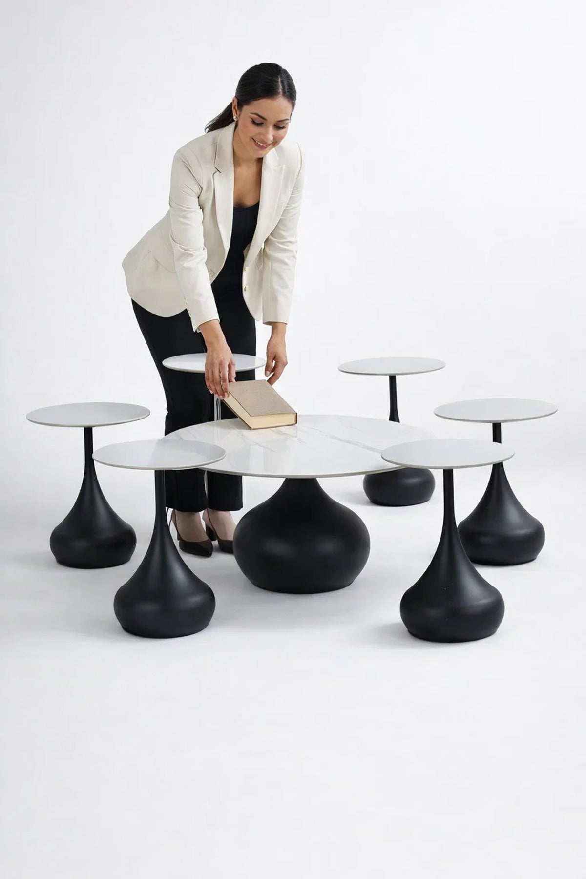 Stylish 7-Piece Ceramic Center Table Set with 6 Matching Side Tables Black Base Living Room