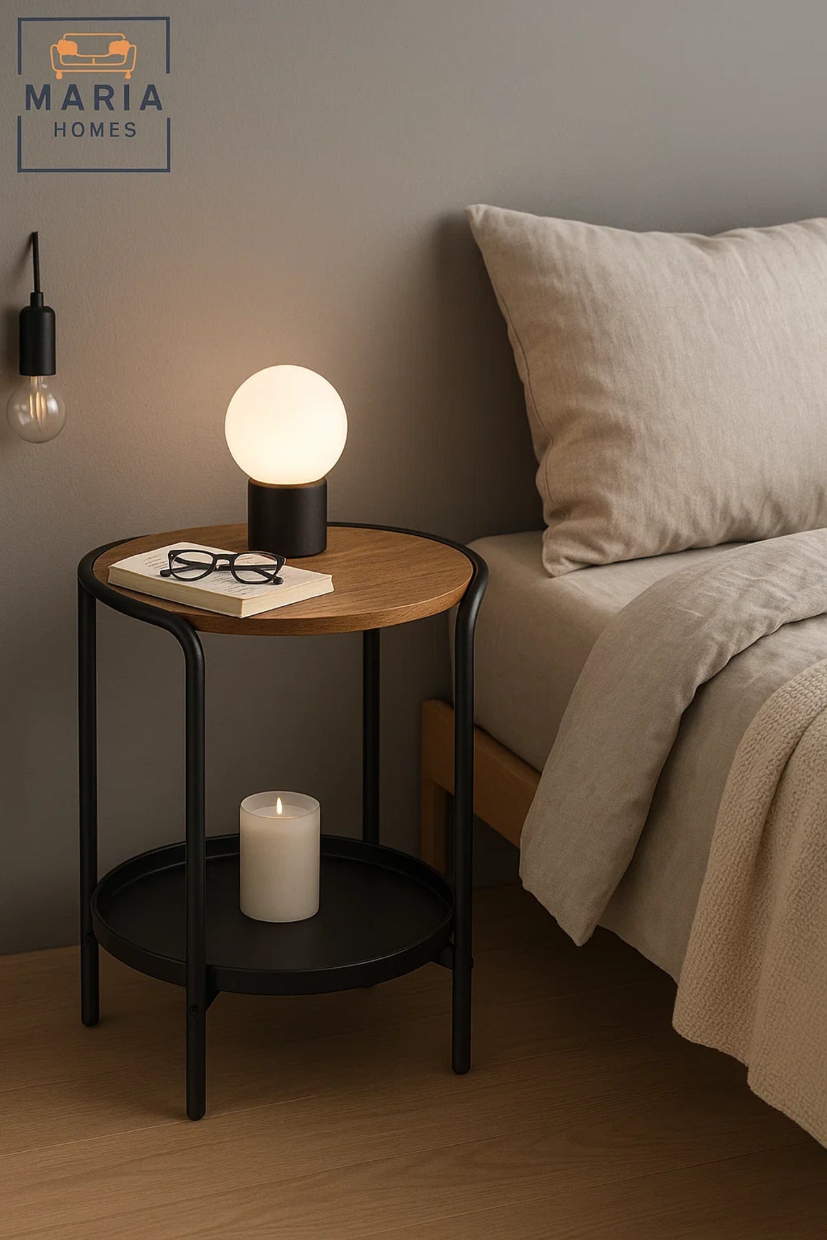 Round Side Table with Wood Top and Black Metal Frame with Tray Shelf