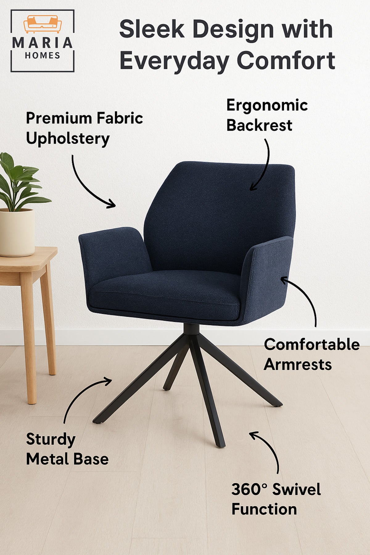 Dark Blue Swivel Armchair Ð Modern Fabric Upholstery with Sturdy Metal Base