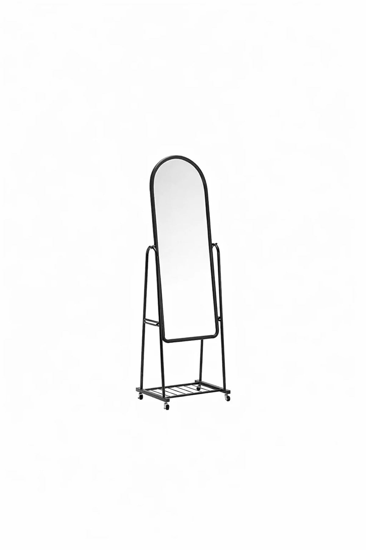Mobile Floor Standing Mirror Black Arched Full Length Dressing Mirror on Wheels Storage Shelf