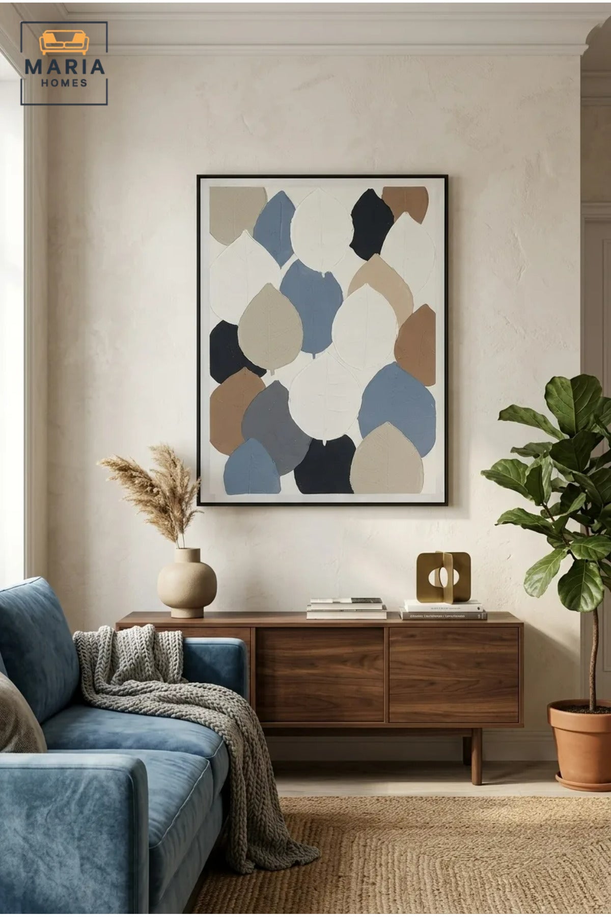 Modern Abstract Textured Wall Art with Slim Black Frame, Blue, Beige and Grey Geometric Canvas Print for Living Room, Bedroom and Office Décor