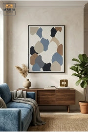 Modern Abstract Textured Wall Art with Slim Black Frame, Blue, Beige and Grey Geometric Canvas Print for Living Room, Bedroom and Office Décor