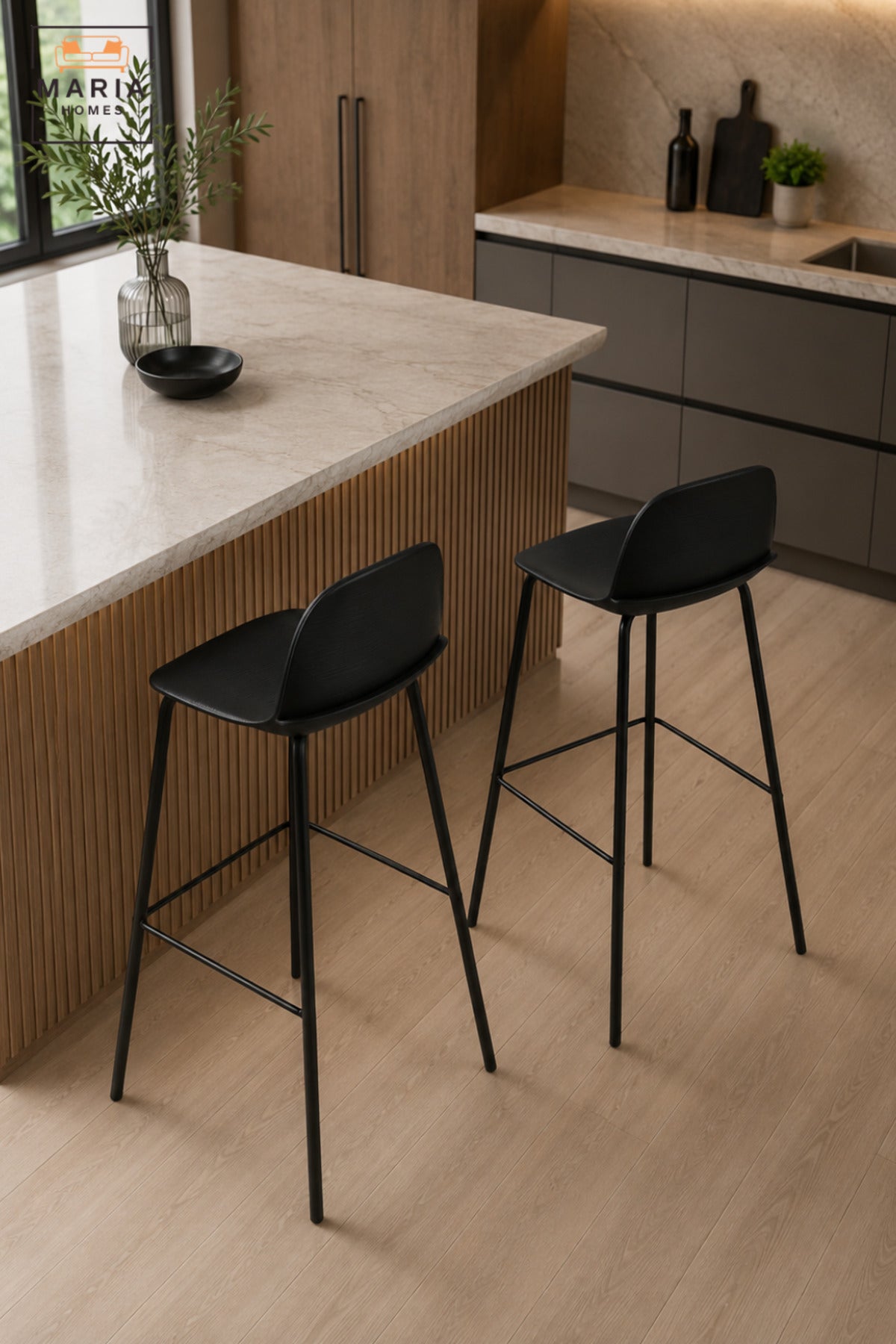 Modern Counter Bar Stool with Curved Backrest, Slim Frame and Integrated Footrest | High Kitchen Stool for Breakfast Bar, Café and Counter