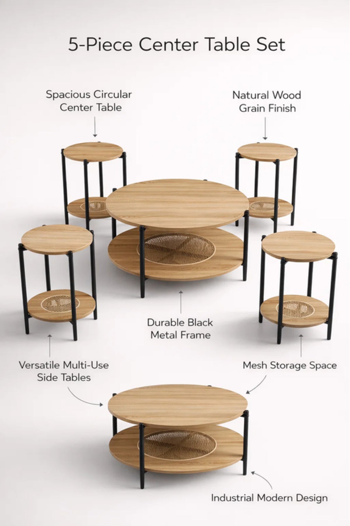 Modern 5-Piece WOOD Concrete and Metal Coffee Table Set