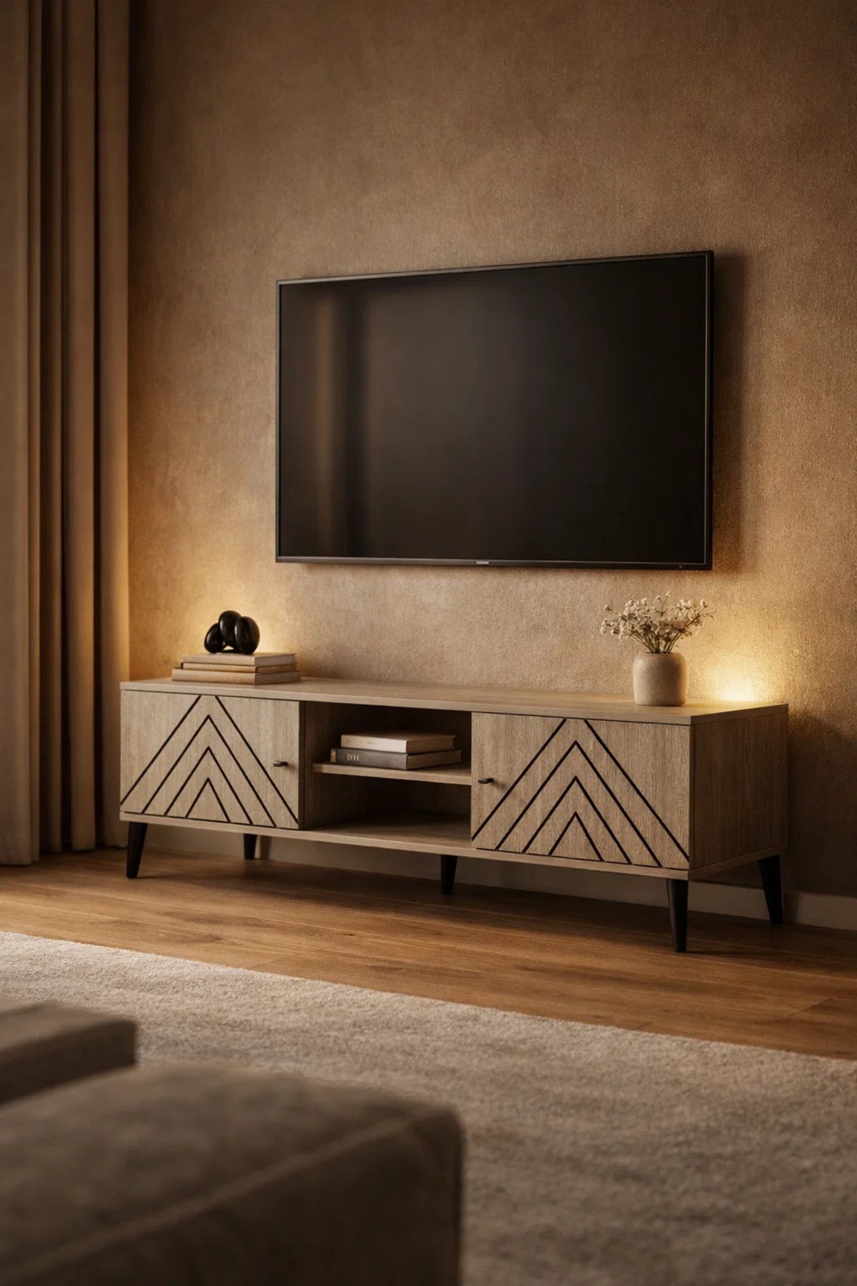 Beige TV Stand Ð 160x40x45 cm Modern Plasma Table with Cabinets & Shelf