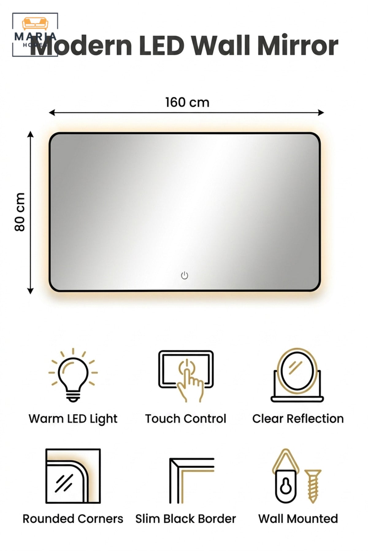 Rectangular LED Wall Mirror 160 × 80 cm with Touch Sensor, Rounded Corners and Integrated Lighting for Bathroom, Bedroom, Dressing Area and Vanity