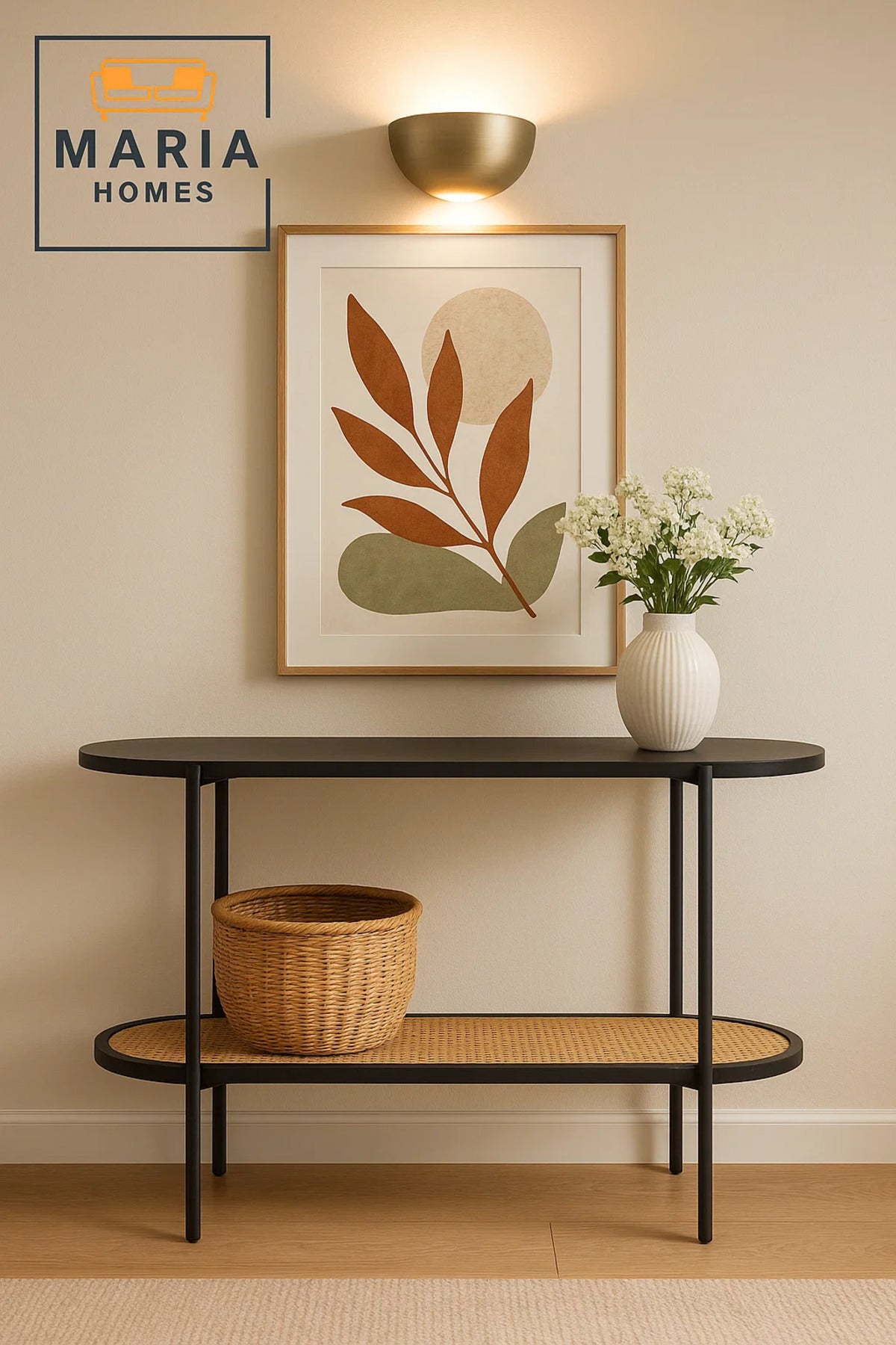 Oval Black Console Table with Rattan Shelf and Metal Frame