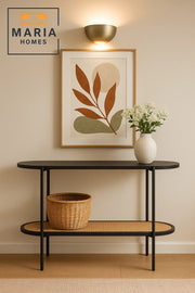 Oval Black Console Table with Rattan Shelf and Metal Frame