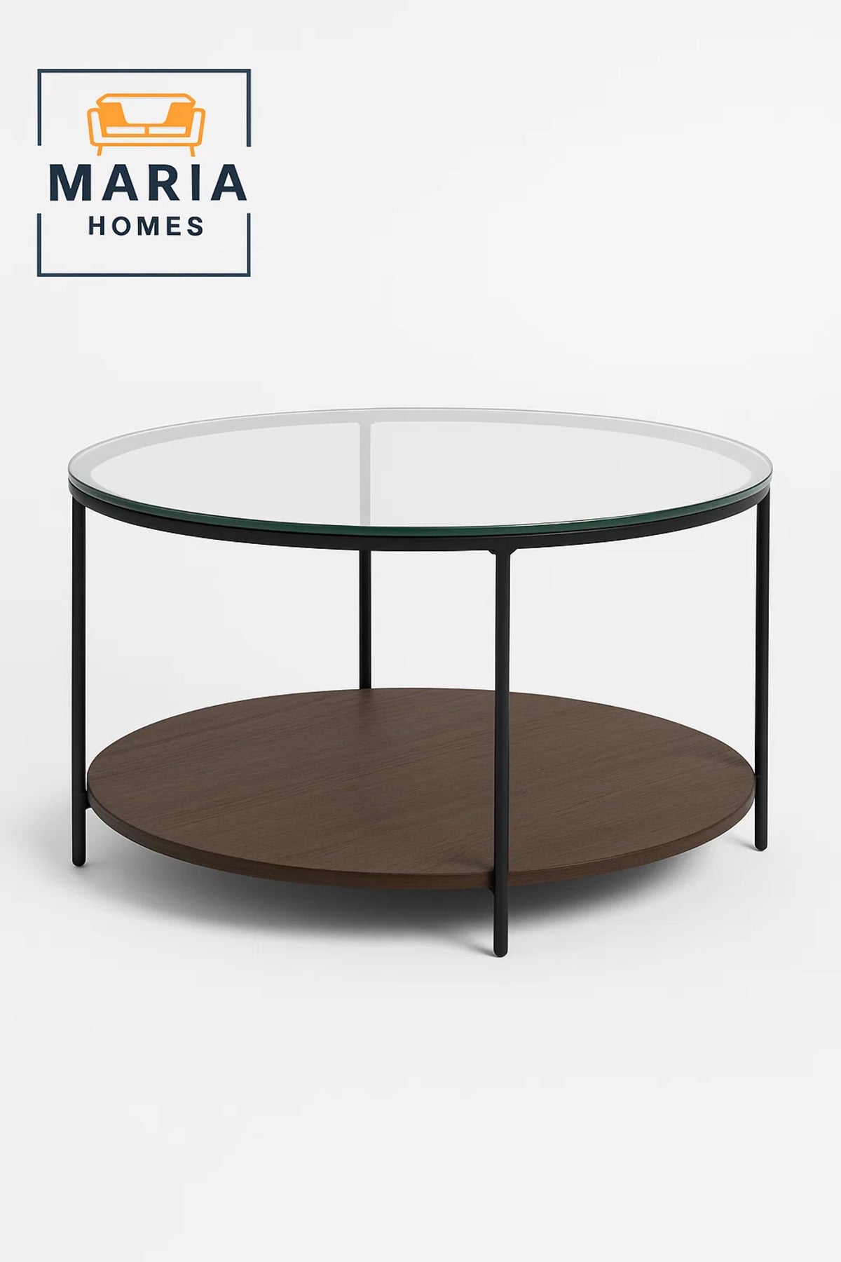 Round Glass Coffee Table with Wood Shelf and Metal Frame-size 80*46 CM