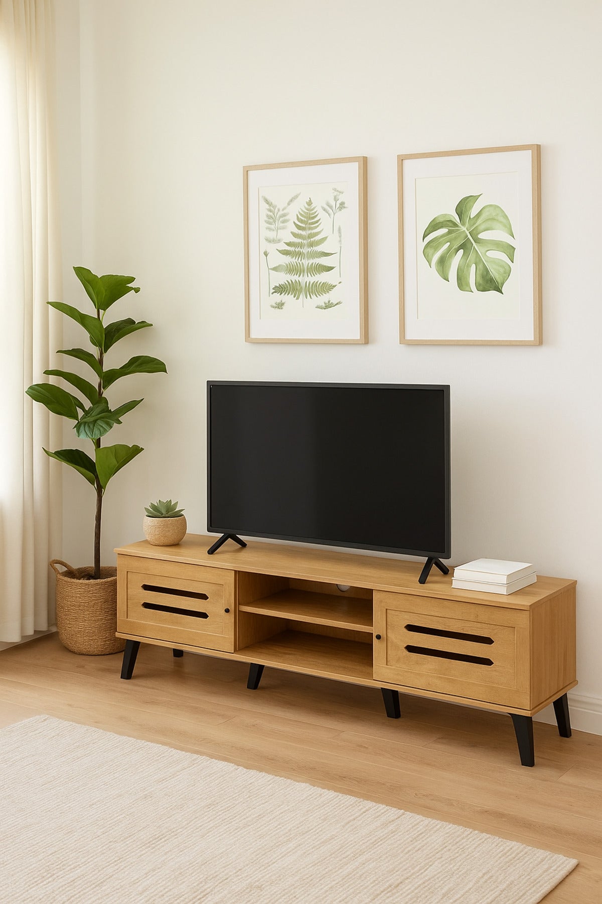 Light Brown Wooden TV Stand 180_40_44 cm Ð Modern TV Unit with Slot Design Doors and Open Shelves