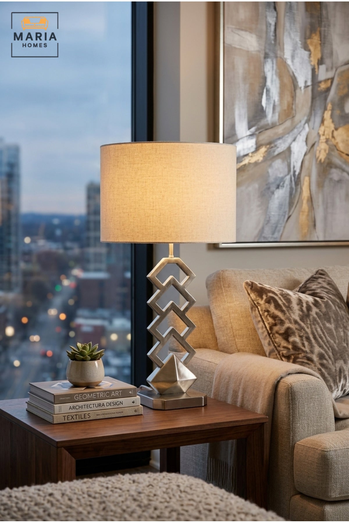 Modern Geometric Silver Table Lamp with White Drum Fabric Shade and Open Sculptural Base for Bedroom, Living Room, Office, Hotel and Bedside Décor