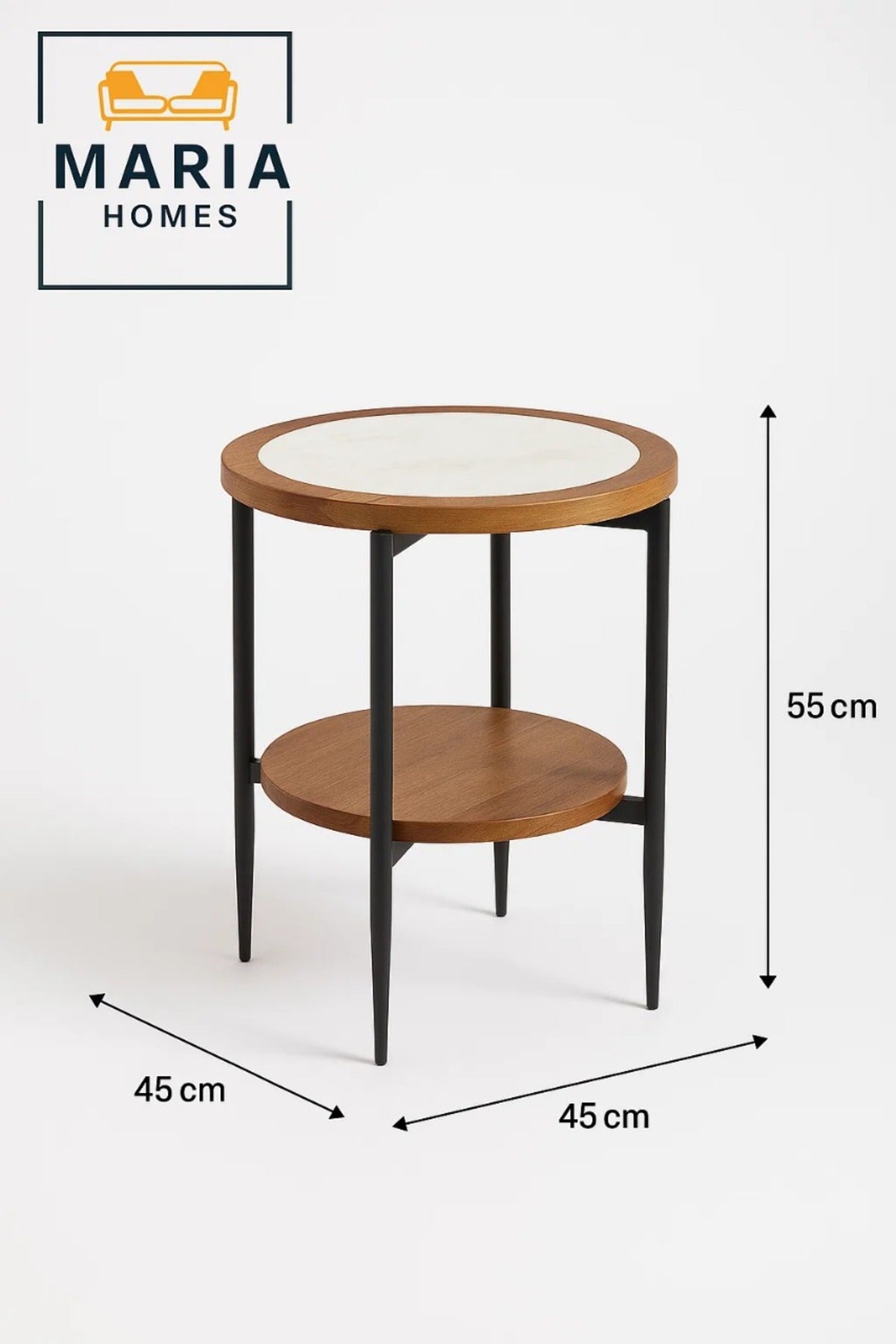 Round Side Table with White Marble-Inspired Top and Wooden Shelf