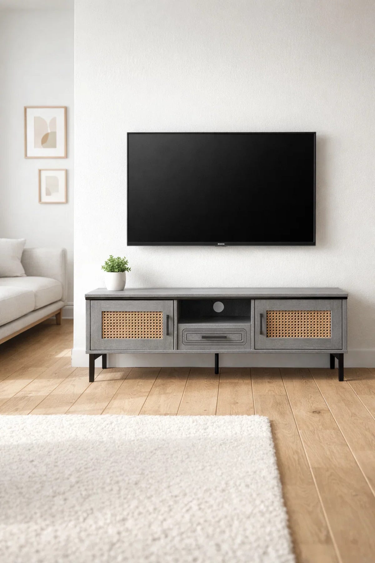 Grey TV Stand Ð 140x40x46 cm Modern Plasma Table with Cabinets & Drawer
