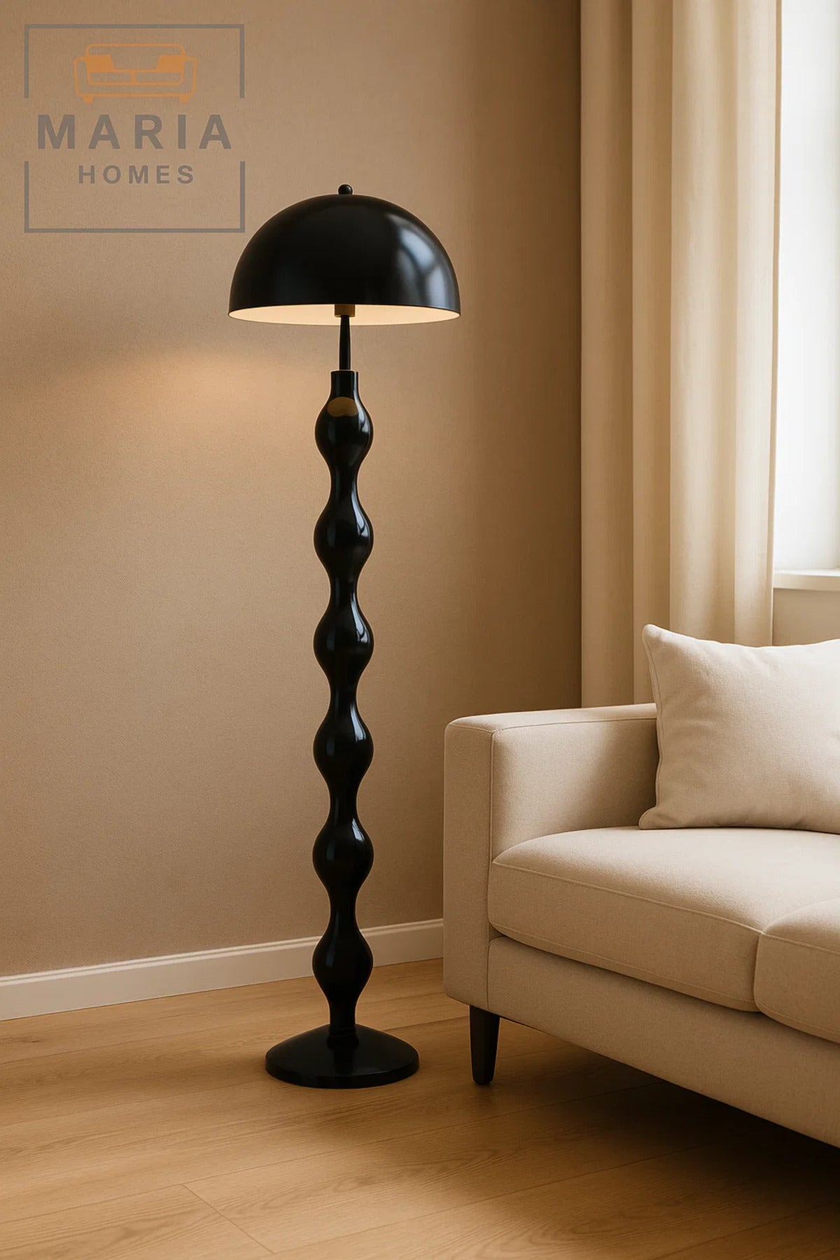 Sculptural Glossy Black Floor Lamp with Dome Shade