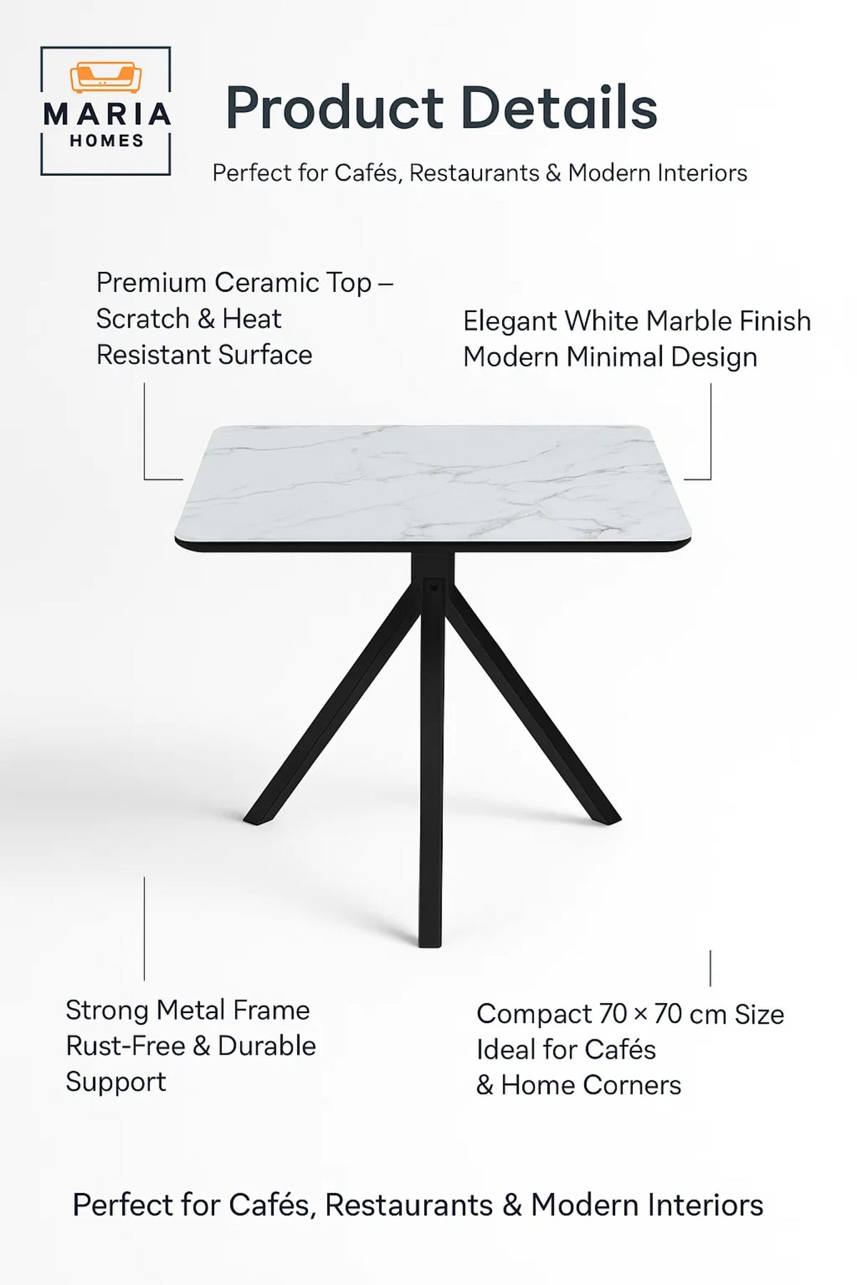 Square White Marble Dining Table √ê Modern Caf≈Ω, Restaurant, Office & Home Metal Furniture 70_70 cm