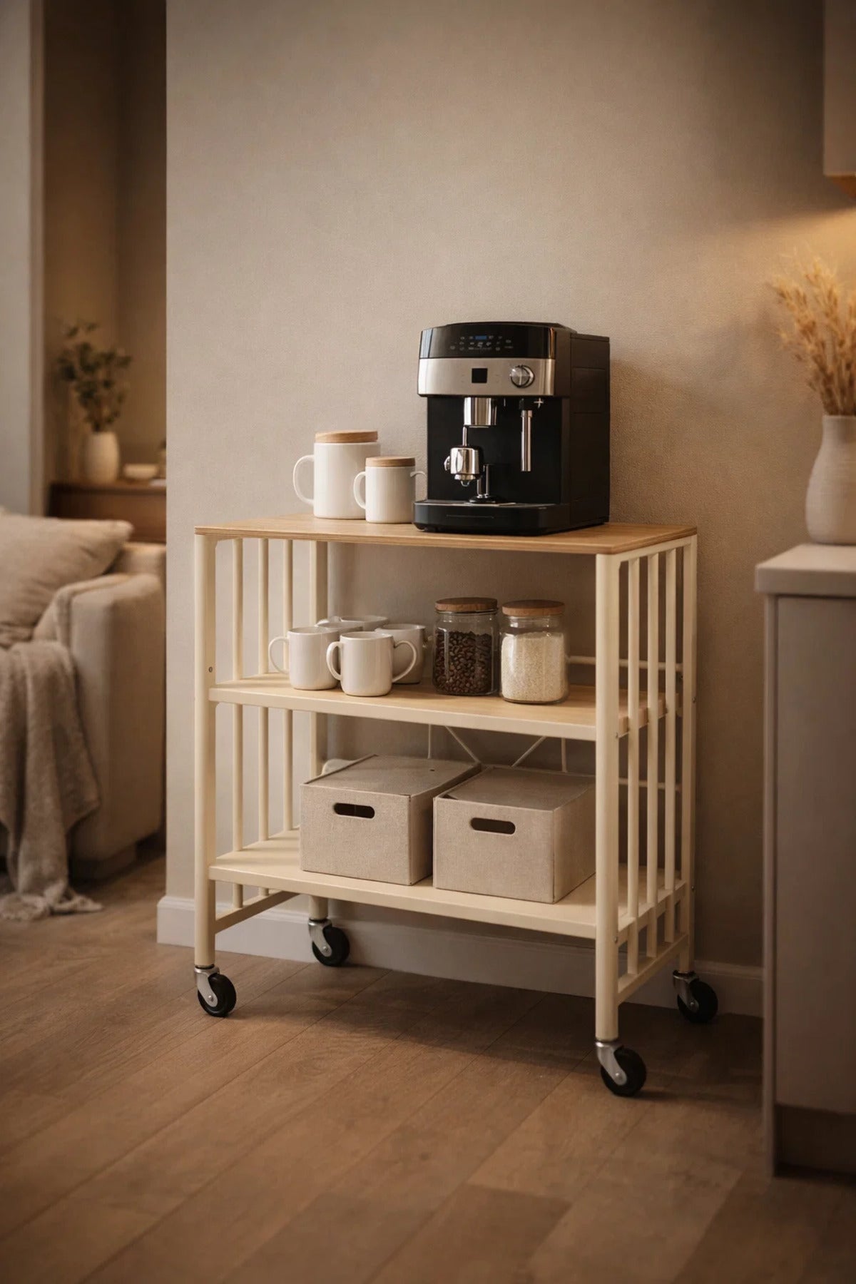 Light Wood 3-Tier Rolling Storage Shelf 80_40_80 cm