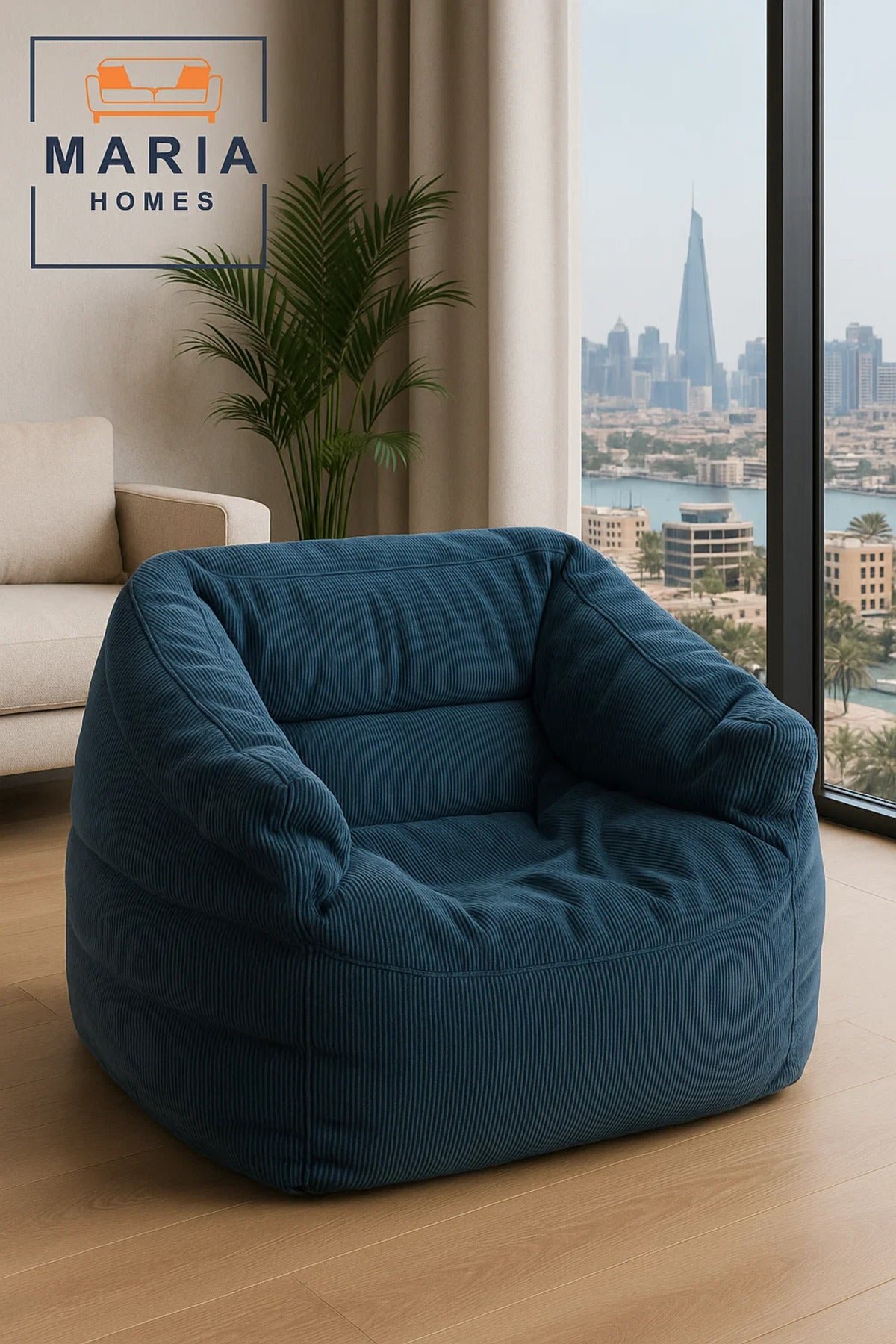 Dark Blue Corduroy Bean Bag Chair Ð Cozy Floor Lounger with Back and Arm Support