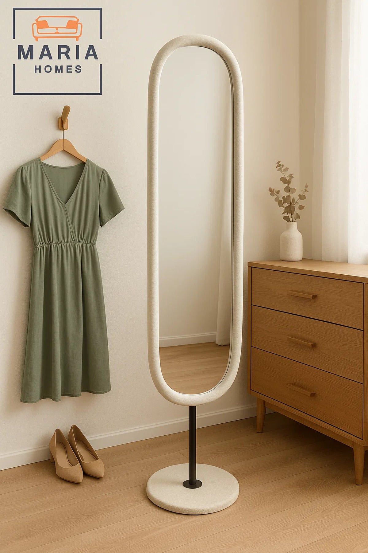 Modern White Full-Length Oval Mirror with Metal Stand Ð 169x40 cm