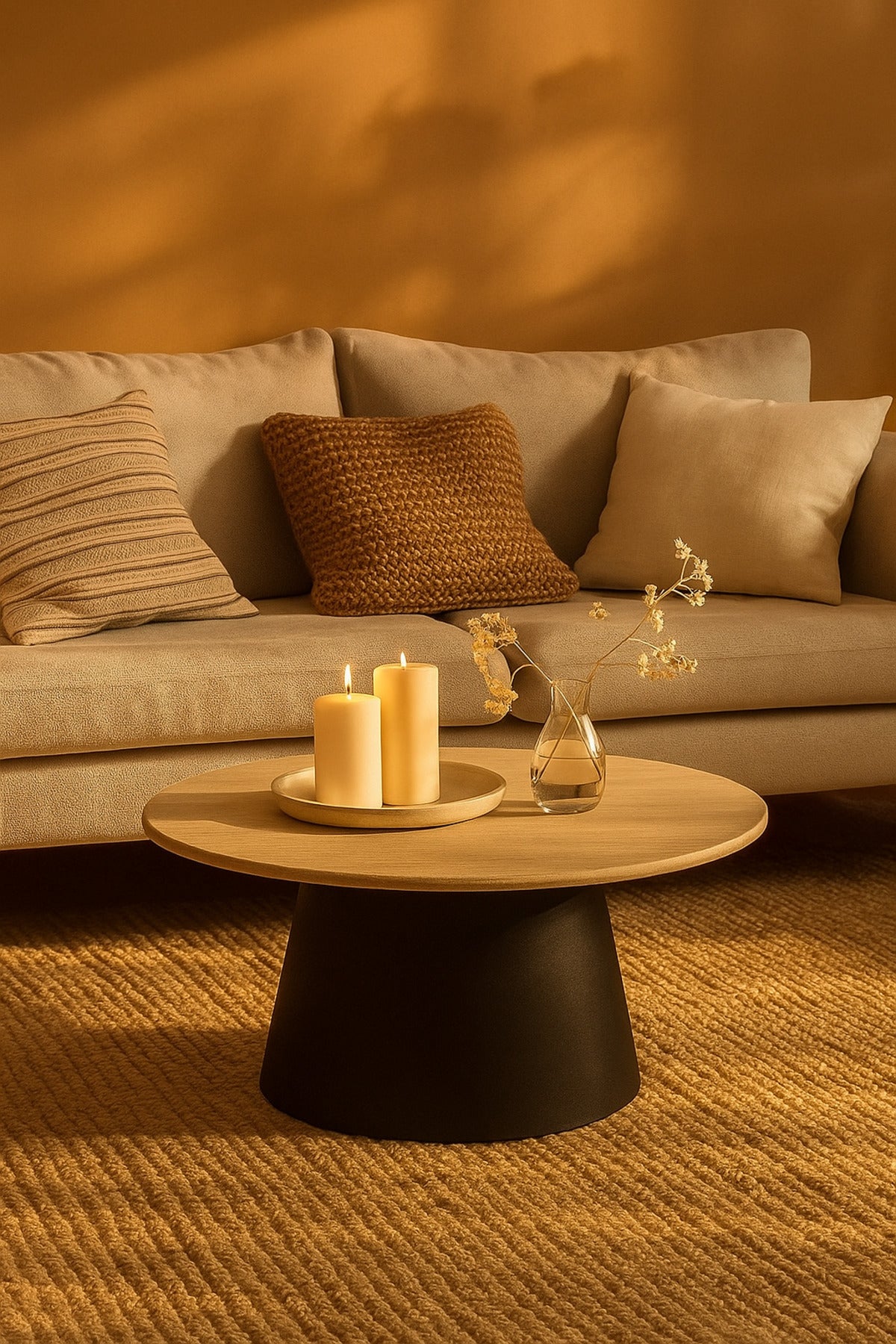 Modern Round Coffee Table with Wooden Top and Black Base Stylish Center Table 90_45cm
