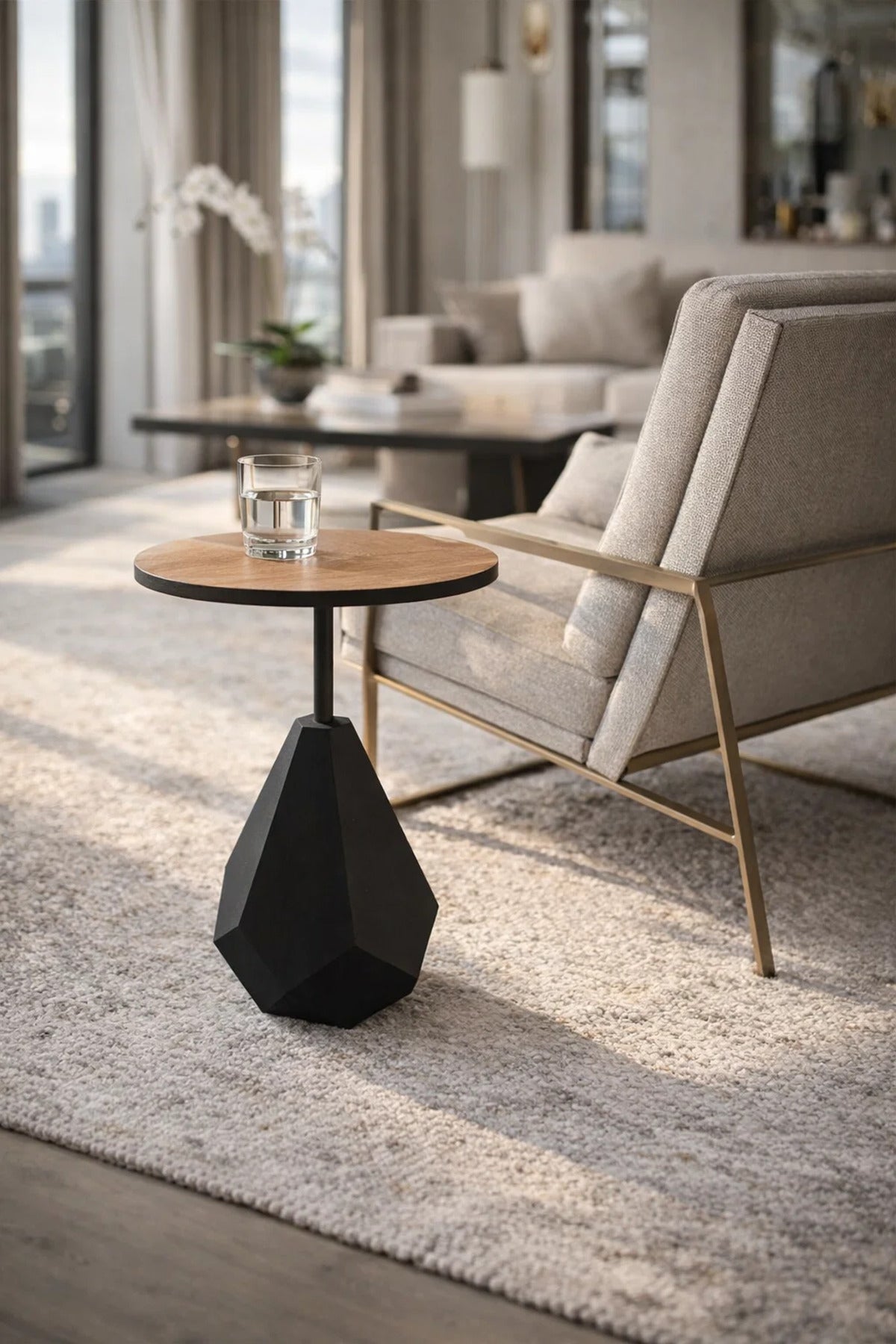 Modern Round Side Table Wood Top Black Geometric Base Living Room Accent End Table 60cm Height