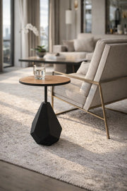 Modern Round Side Table Wood Top Black Geometric Base Living Room Accent End Table 60cm Height