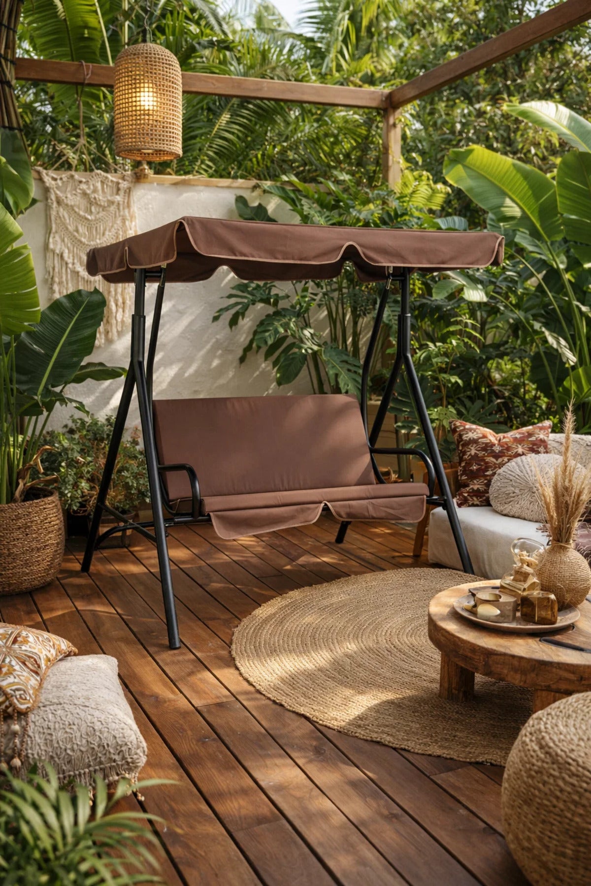 Luxury 2-Seater Garden Swing Chair with Adjustable Canopy Brown Comfort Cushions for Outdoors
