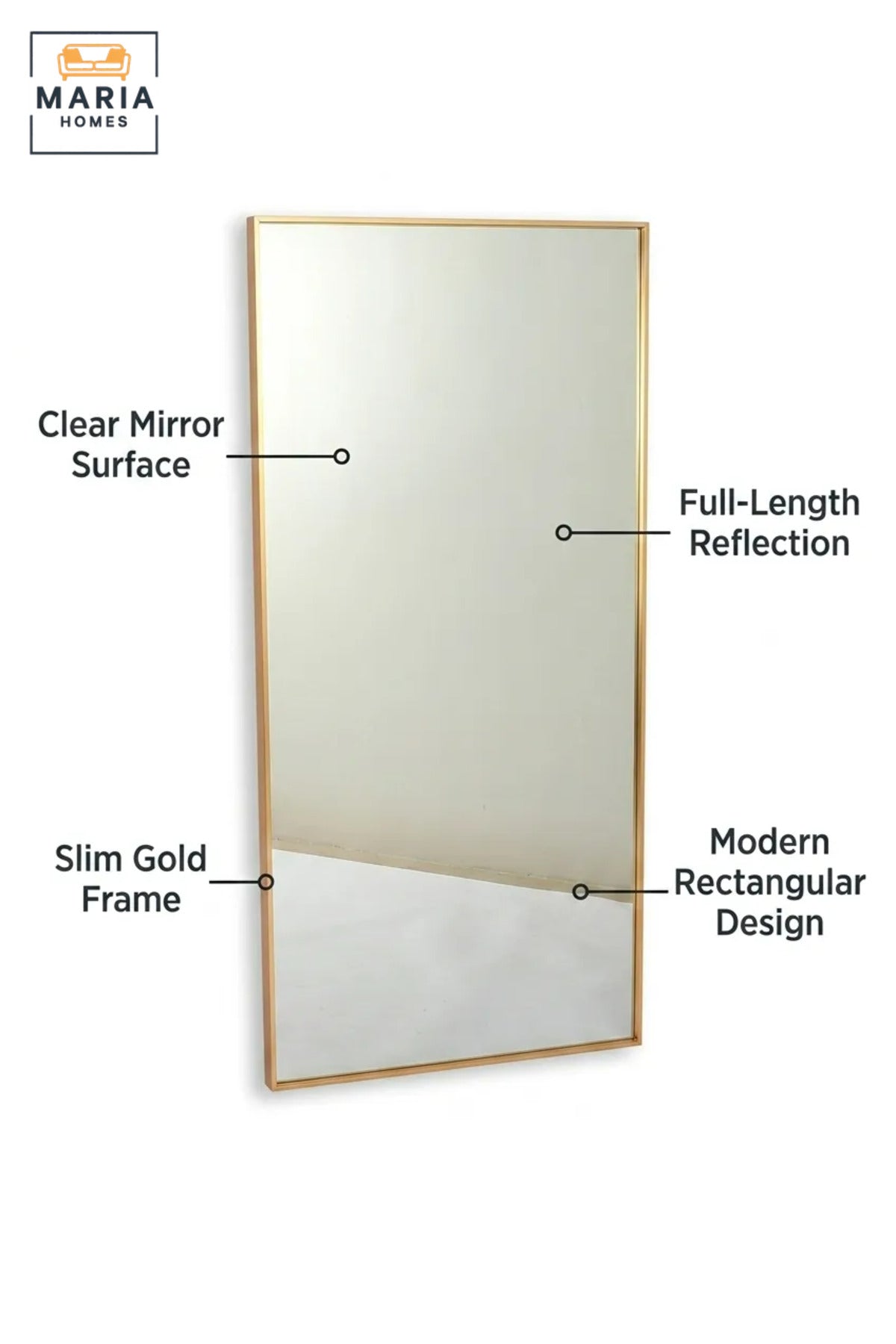 Modern Gold Rectangular Floor Mirror with Slim Metal Frame, Large Leaning Dressing Mirror for Bedroom, Wardrobe, Entryway, Salon and Boutique