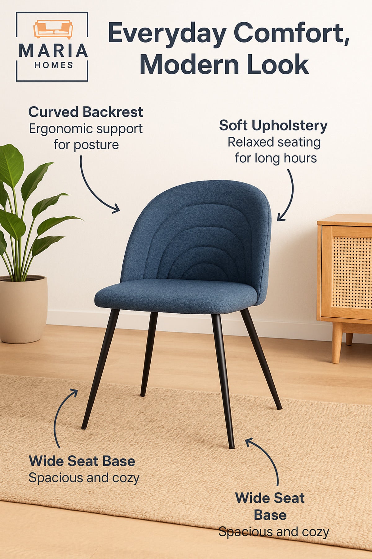 Blue Upholstered Dining Chair Ð Modern Fabric Seat with Black Metal Legs
