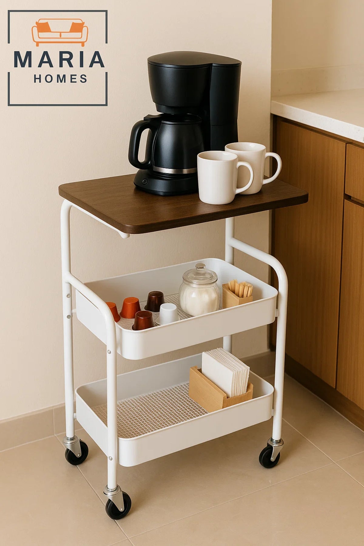 2-Tier Rolling Bedside Table with Wooden Top Ð Mobile Nightstand Cart with Storage for Bedroom Use